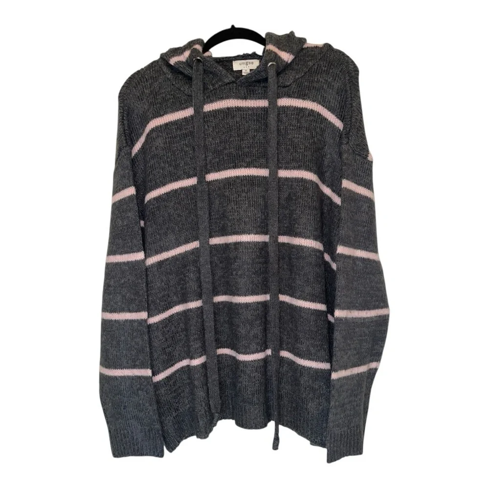 Umgee Oversized Charcoal and Blush Knit hooded Sweater